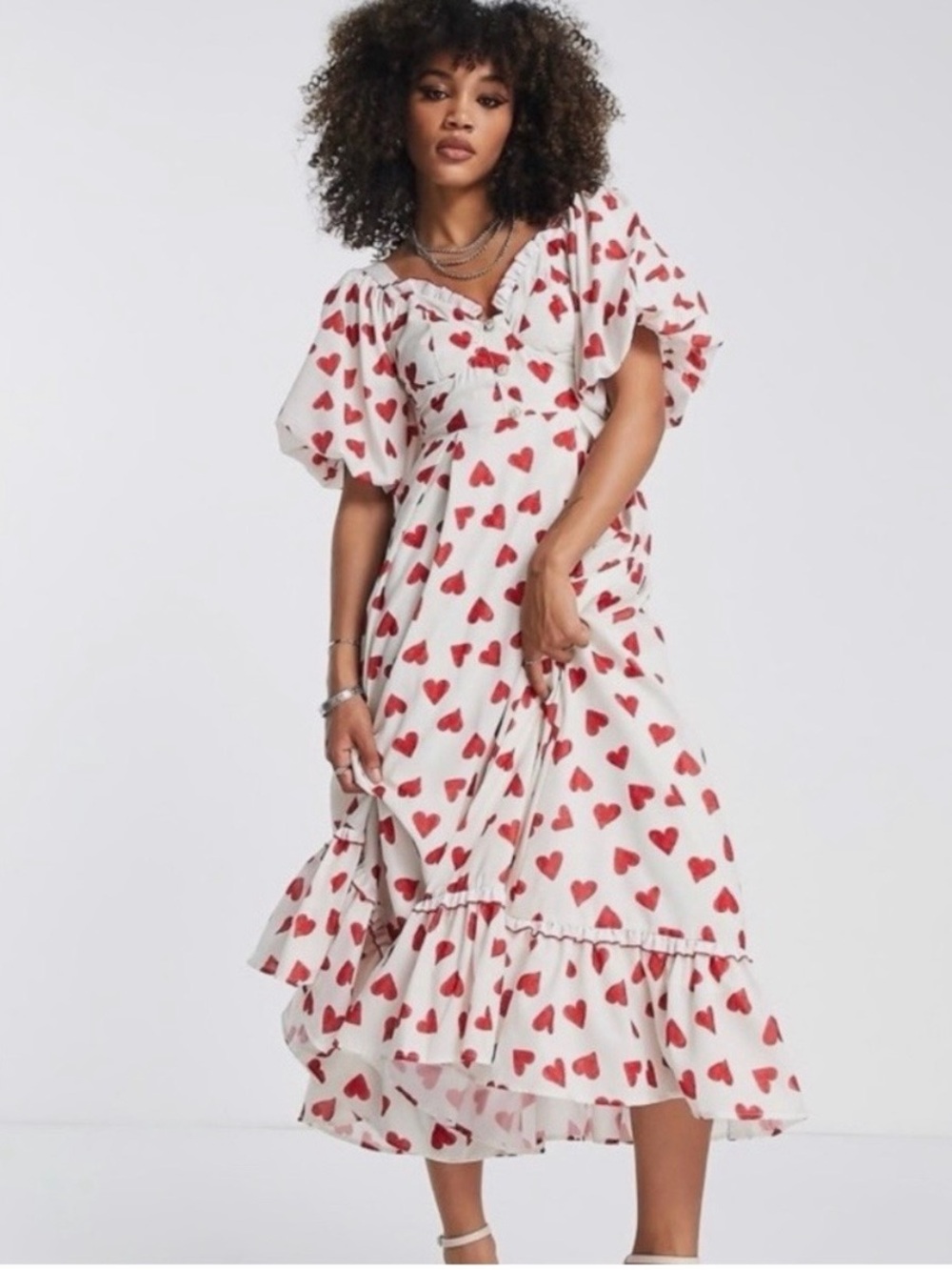 White Midi Dress with Red Heart Print